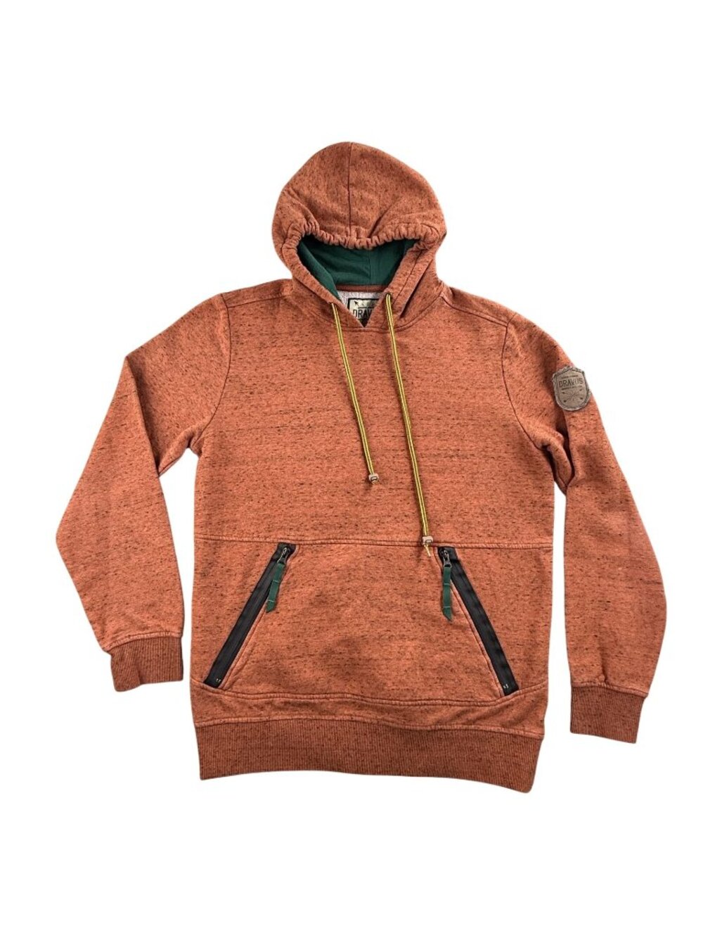 Dravus Hoodie Mens Medium Orange Fleece Pullover Zip Pockets Logo Patch Hiking